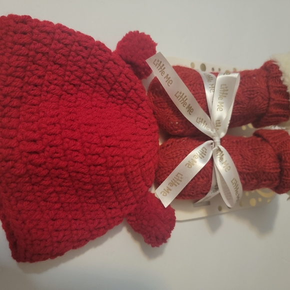 2 of set adorable little red hat with little me.fur lined knit booties size 0-6 - Picture 2 of 8